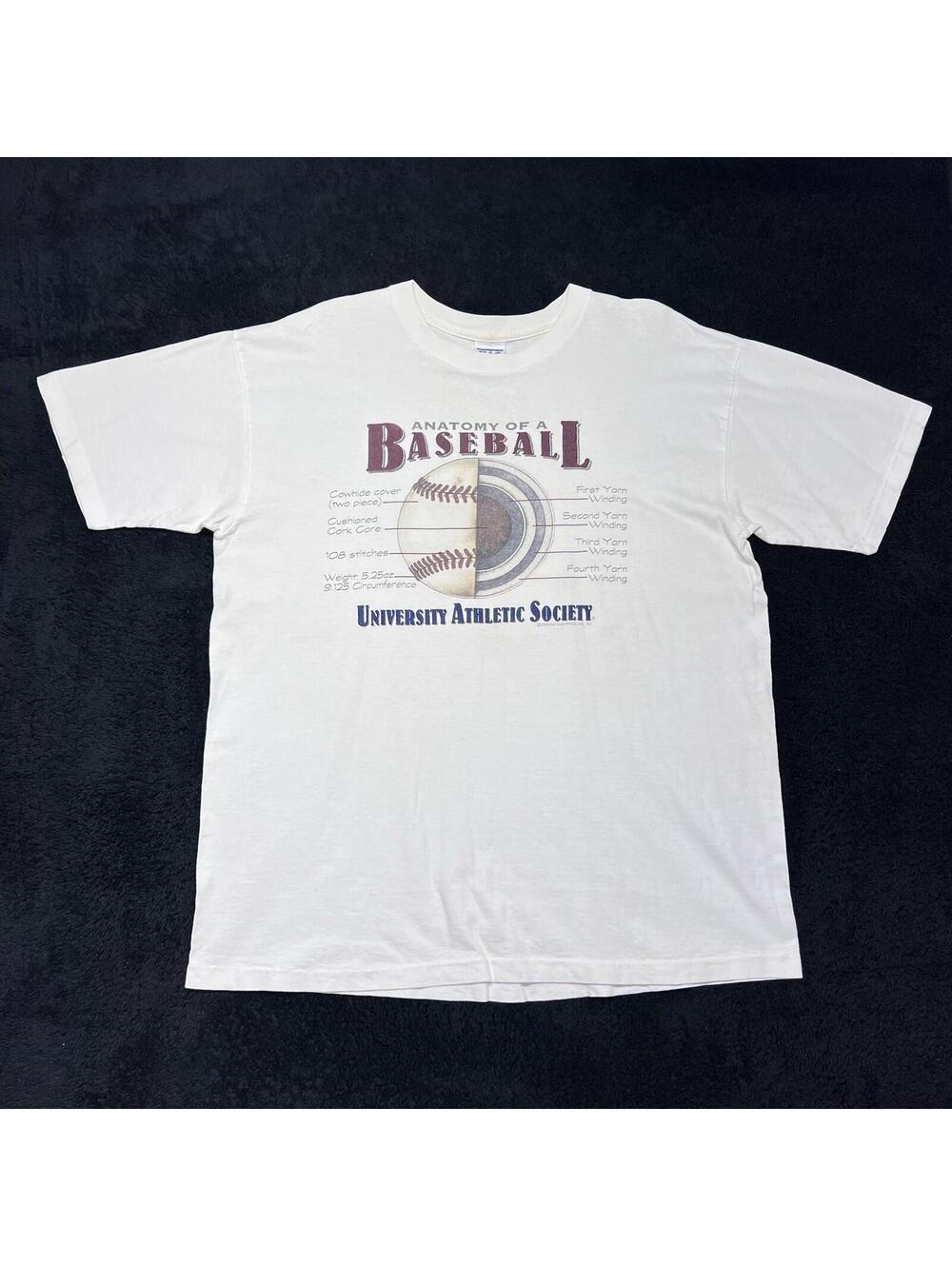 Vintage 1996 Anatomy Of A Baseball “university Athletic Society” White Tee Sz L